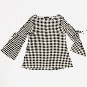 Madewell Black & White Gingham Lace-Up Bell-Sleeve Blouse